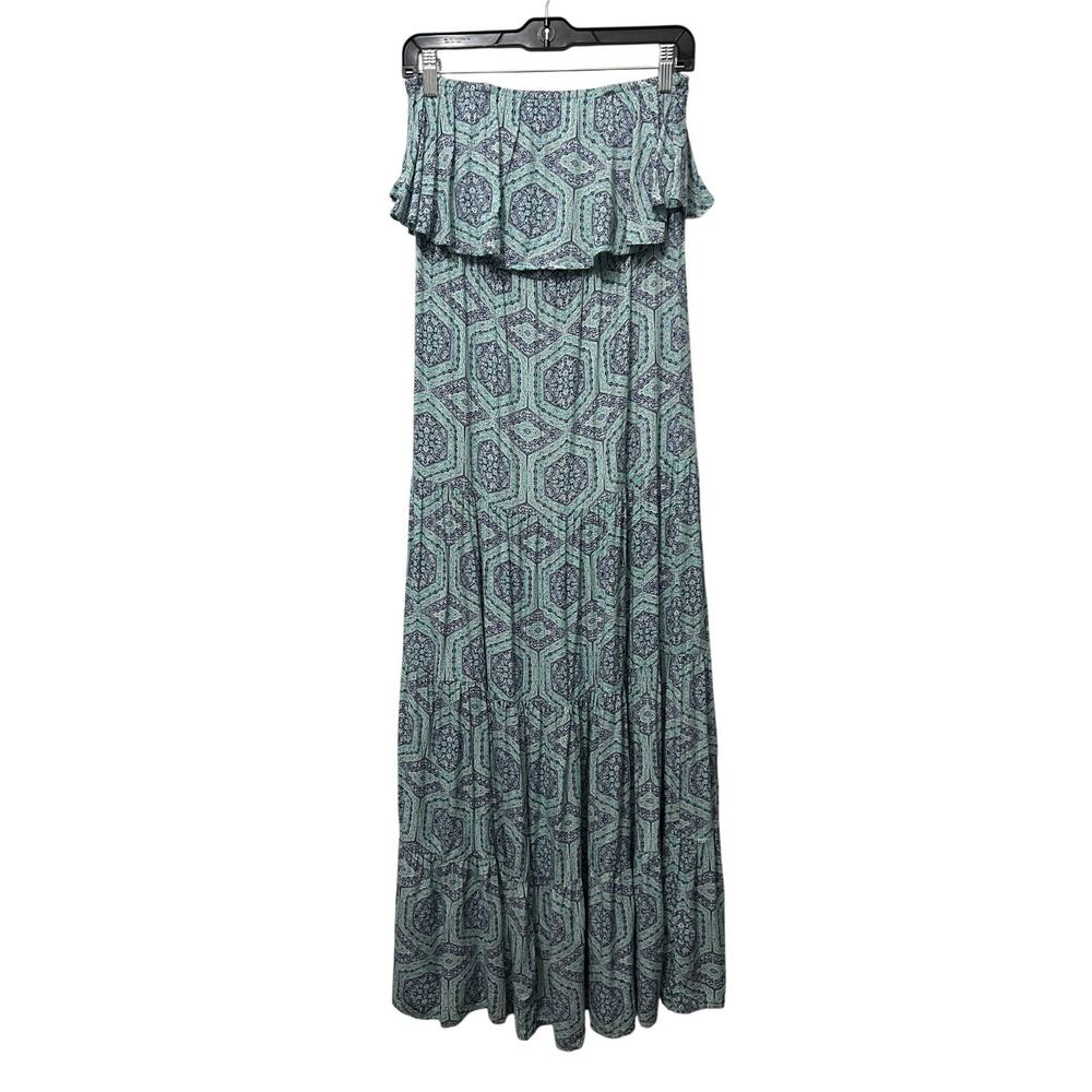 LuLus Strapless Maxi Dress M Blue Mint Medallion Boho Ruffle Tiered Cottage